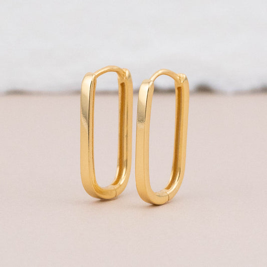 Rectangular Oblong 14K Gold Vermeil Hoop Earrings - displayed standing, highlighting their elegant design and polished finish