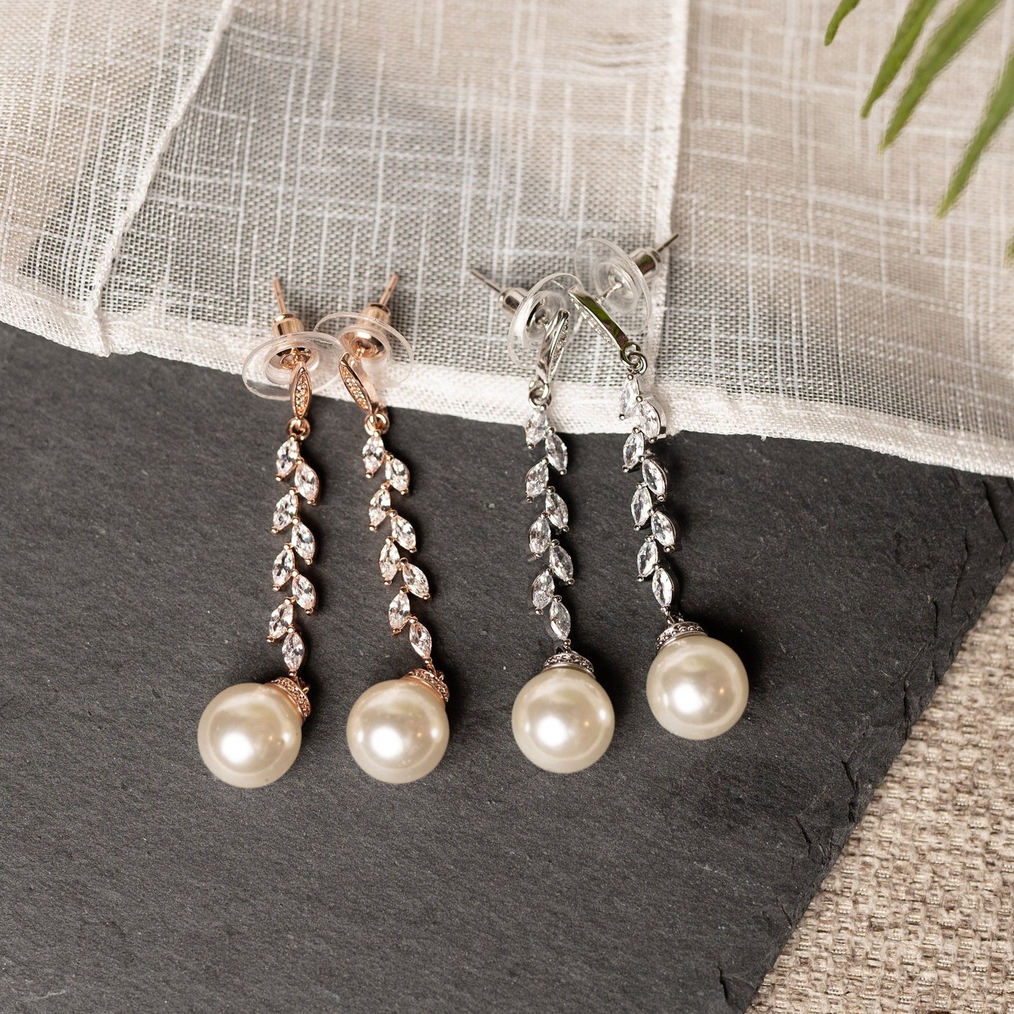 Pearl earrings wedding, Pearl Earrings Drop, Pearl Earrings Dangle, Leaf Pearl earrings Rose gold Silver, Pearl Earrings for Bridesmaids