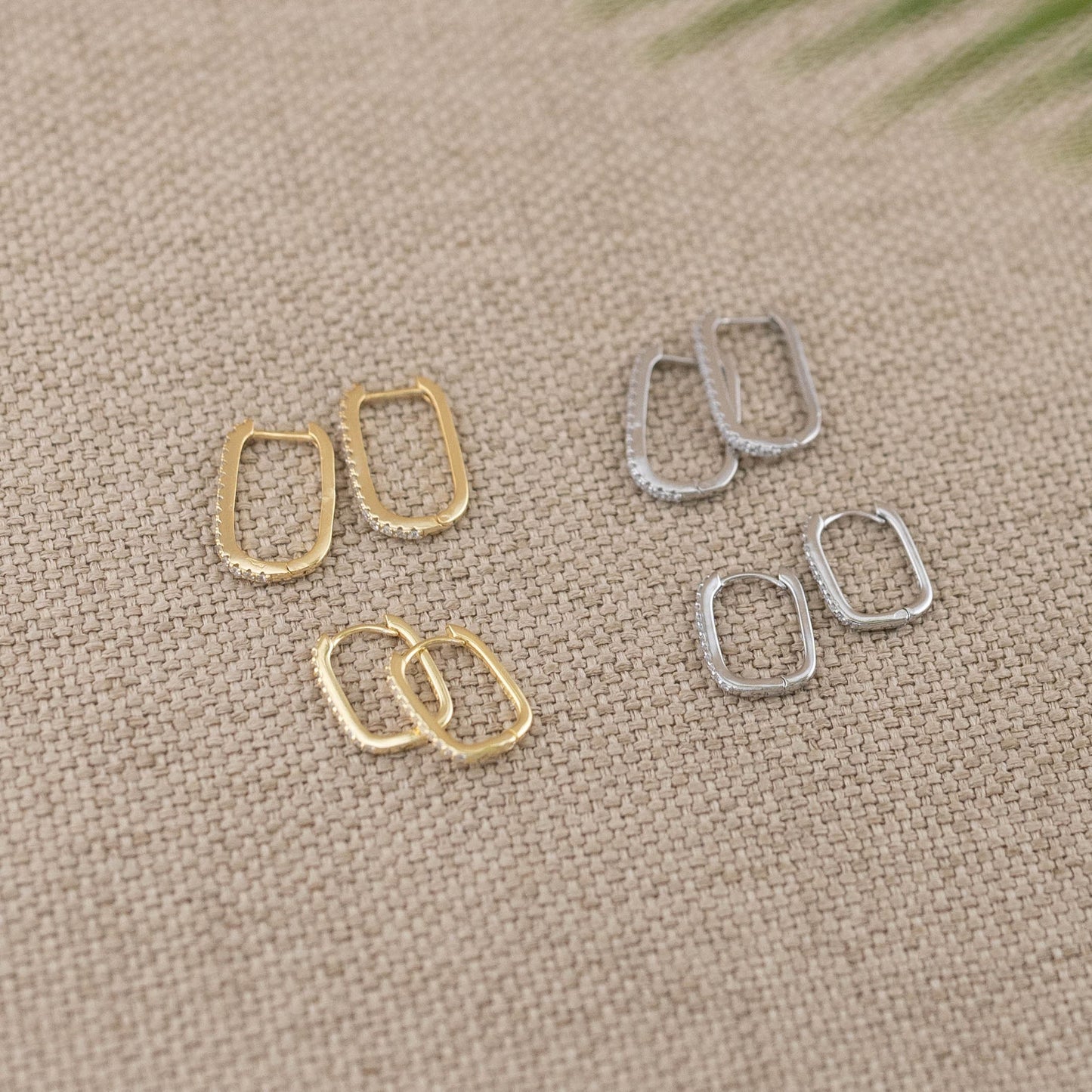 Pave rectangle earrings, long rectangular pave hoops, oblong square hoops, sterling silver small hoop, stacking earring, geometric gold hoop