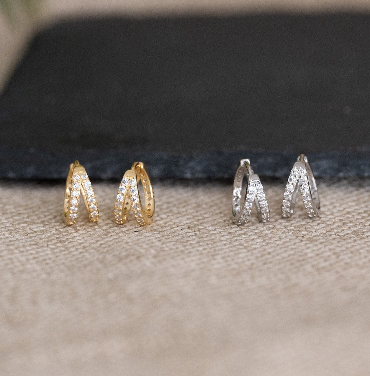 Double hoop earrings, tiny double hoop pave earrings, CZ hoop earring, stacked hoops, gift for sister, everyday earrings, tiny hoop earrings