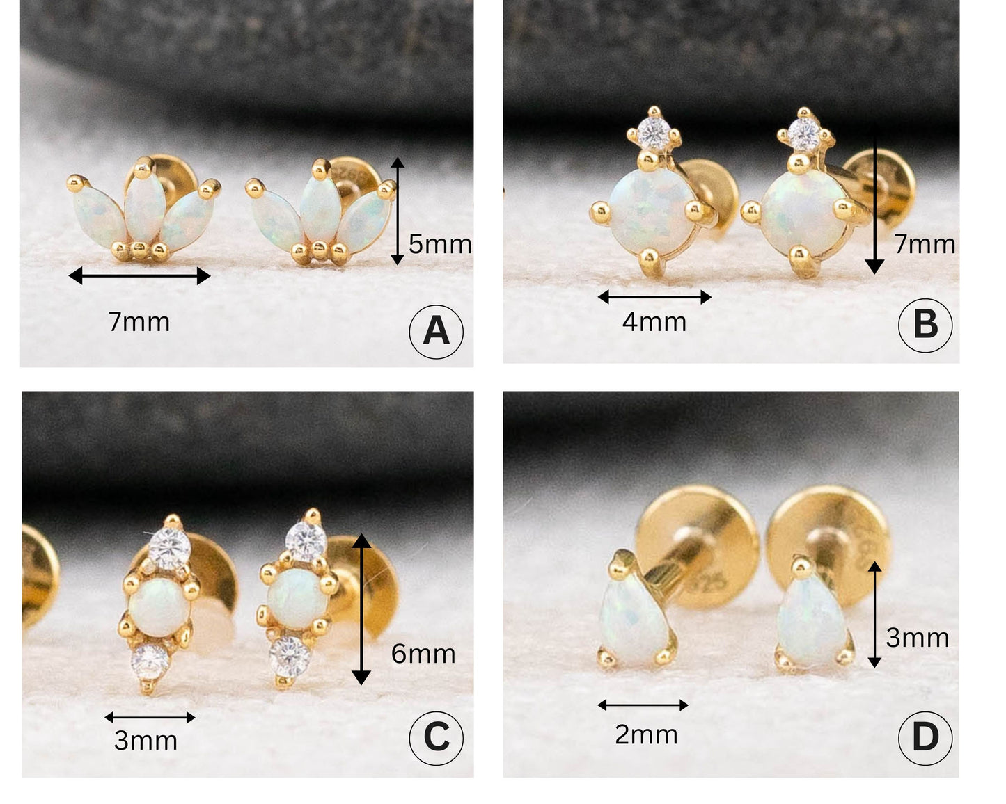 Tiny opal flatback earrings piercing set