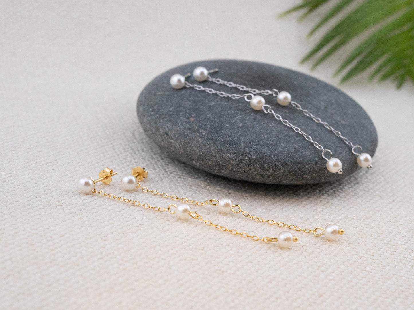 Minimalistic pearl long-earrings dangle, freshwater pearl wedding earrings, dainty drop chain studs, bridesmaid boxed gift earring statement