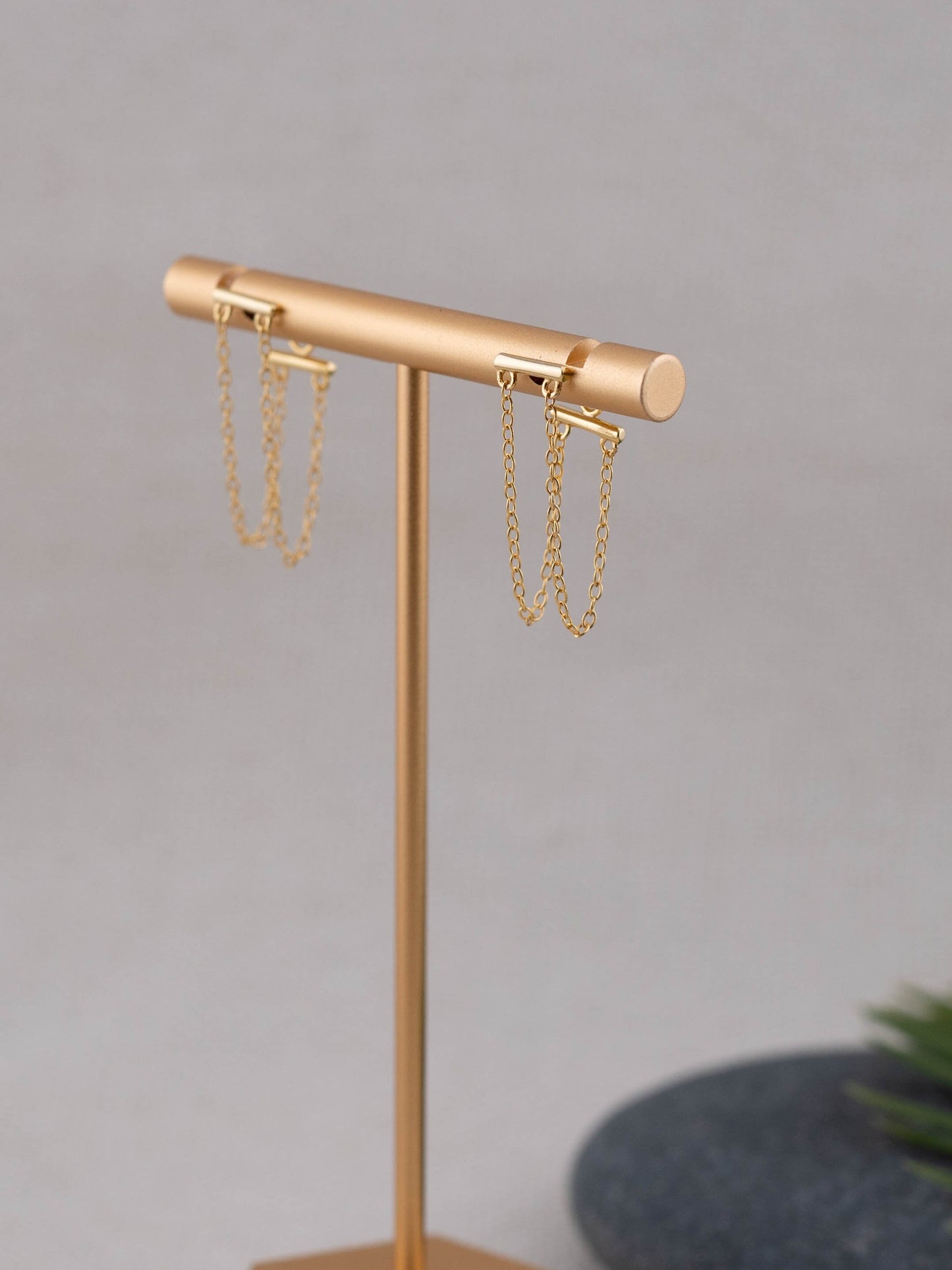 Minimalistic gold earrings, thread threader earrings, simple jewelry gift, fake double piercing gold, bar double chain, christmas giftful