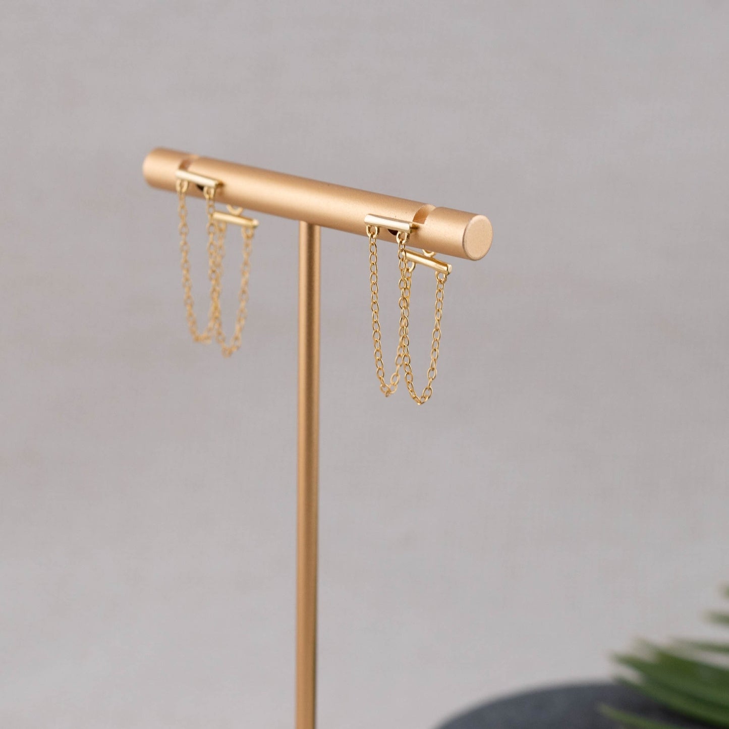 Minimalistic gold earrings, thread threader earrings, simple jewelry gift, fake double piercing gold, bar double chain, christmas giftful