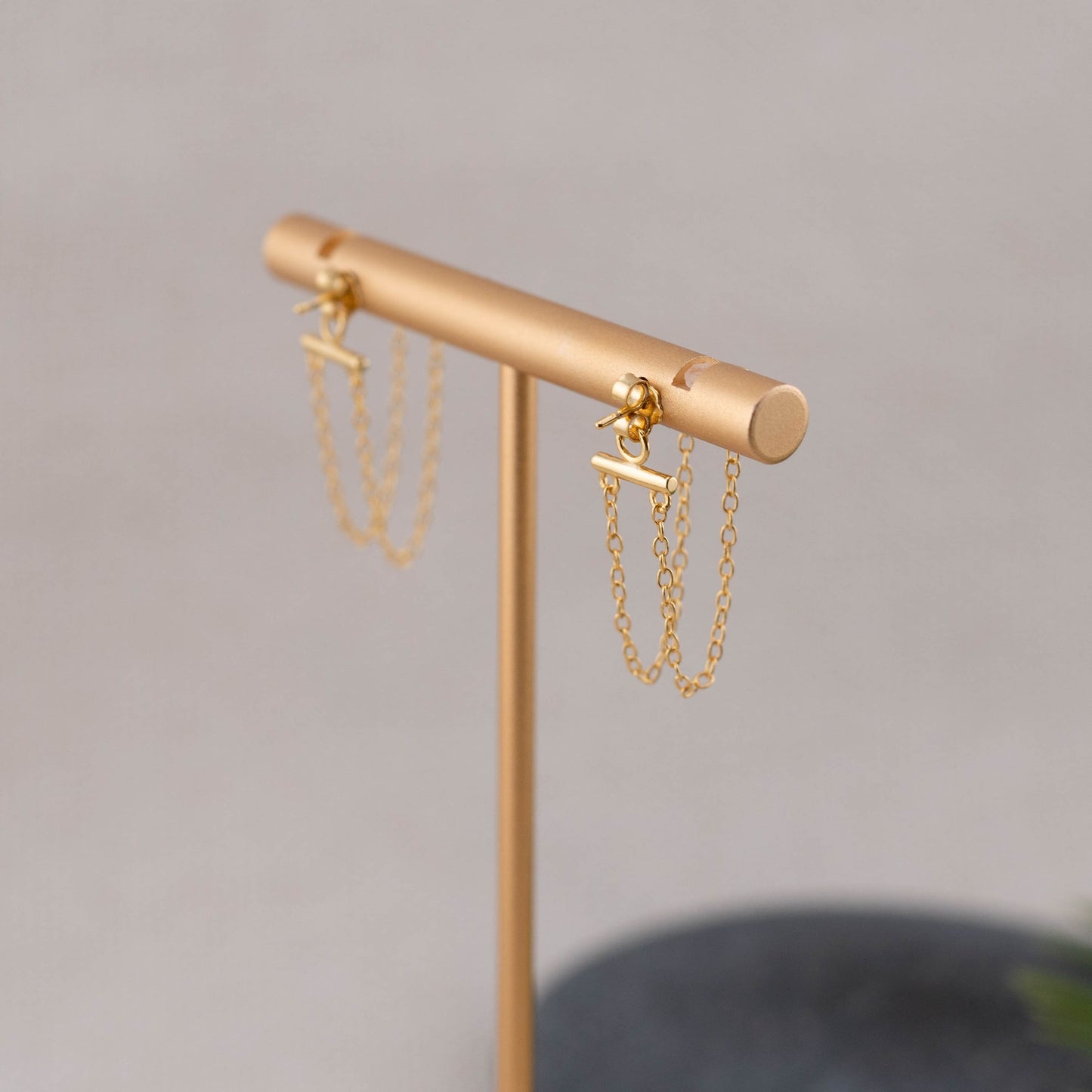 Minimalistic gold earrings, thread threader earrings, simple jewelry gift, fake double piercing gold, bar double chain, christmas giftful