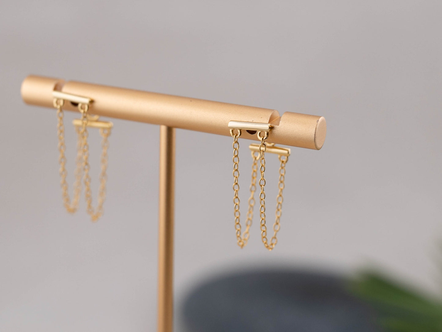 Minimalistic gold earrings, thread threader earrings, simple jewelry gift, fake double piercing gold, bar double chain, christmas giftful