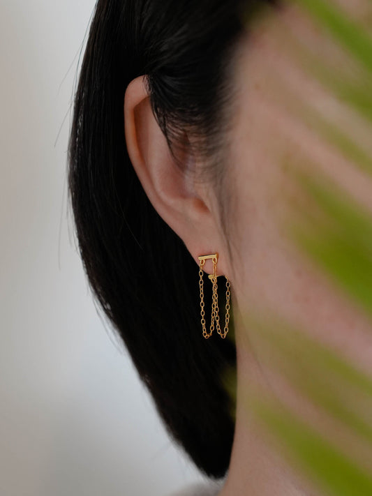 Minimalistic gold earrings, thread threader earrings, simple jewelry gift, fake double piercing gold, bar double chain, christmas giftful