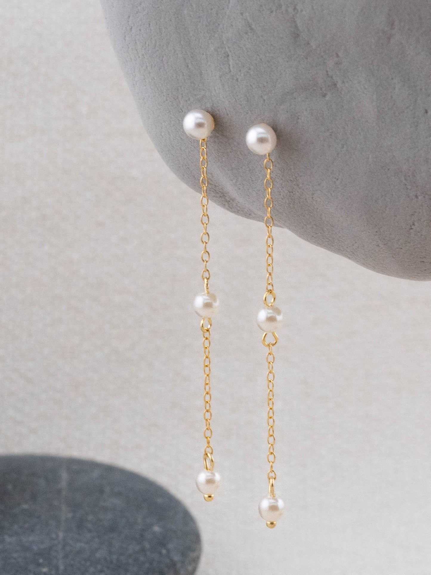 Minimalistic pearl long-earrings dangle, freshwater pearl wedding earrings, dainty drop chain studs, bridesmaid boxed gift earring statement