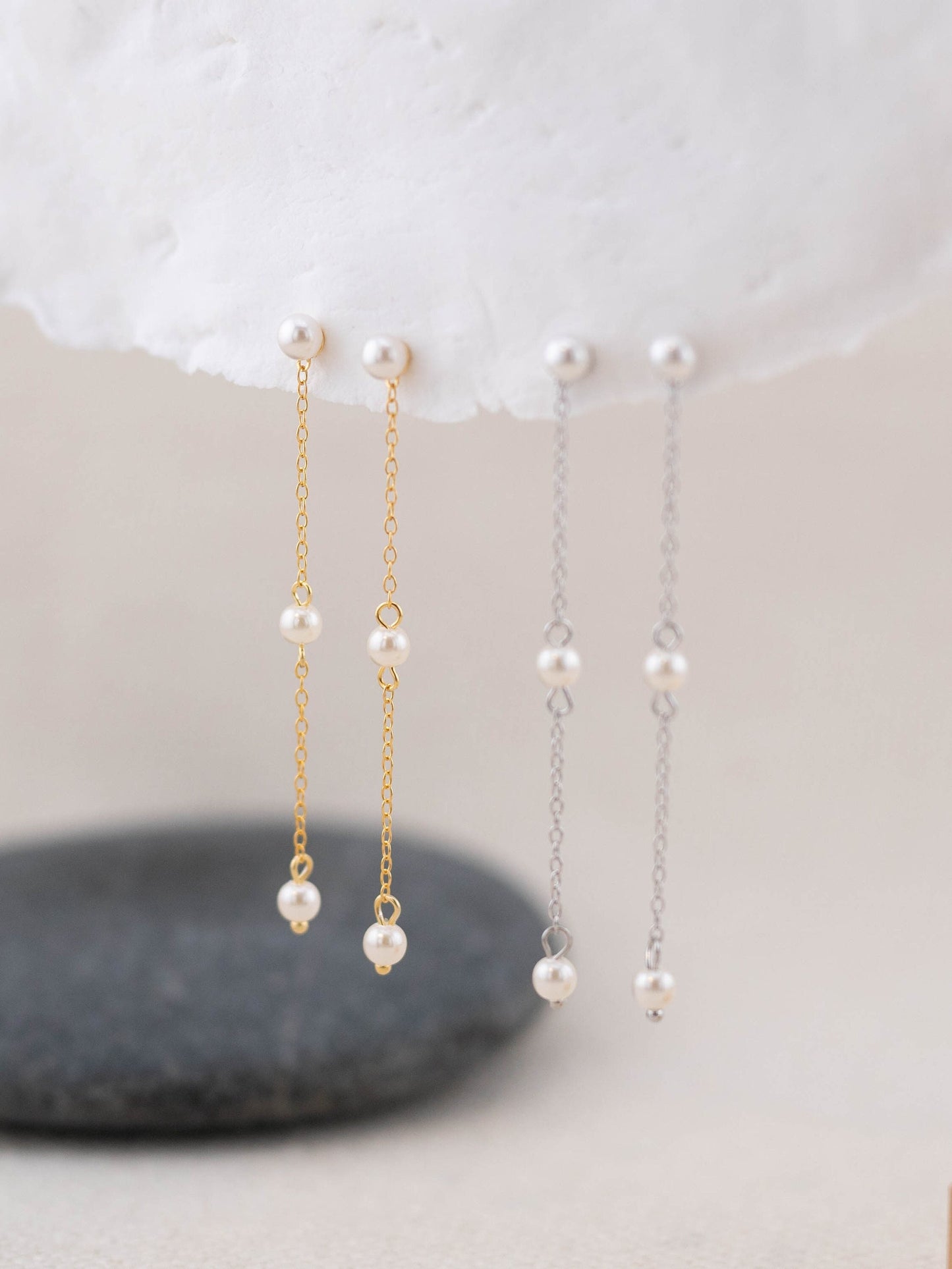 Minimalistic pearl long-earrings dangle, freshwater pearl wedding earrings, dainty drop chain studs, bridesmaid boxed gift earring statement