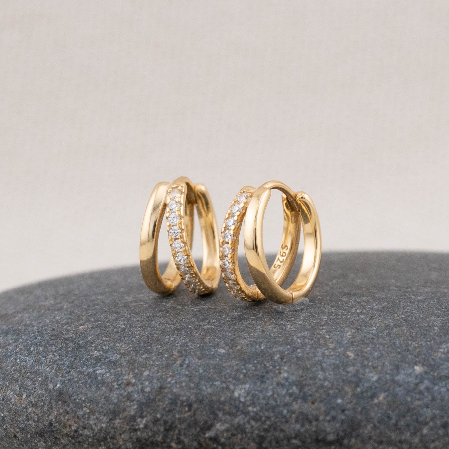 Pave dainty double huggie hoop earrings
