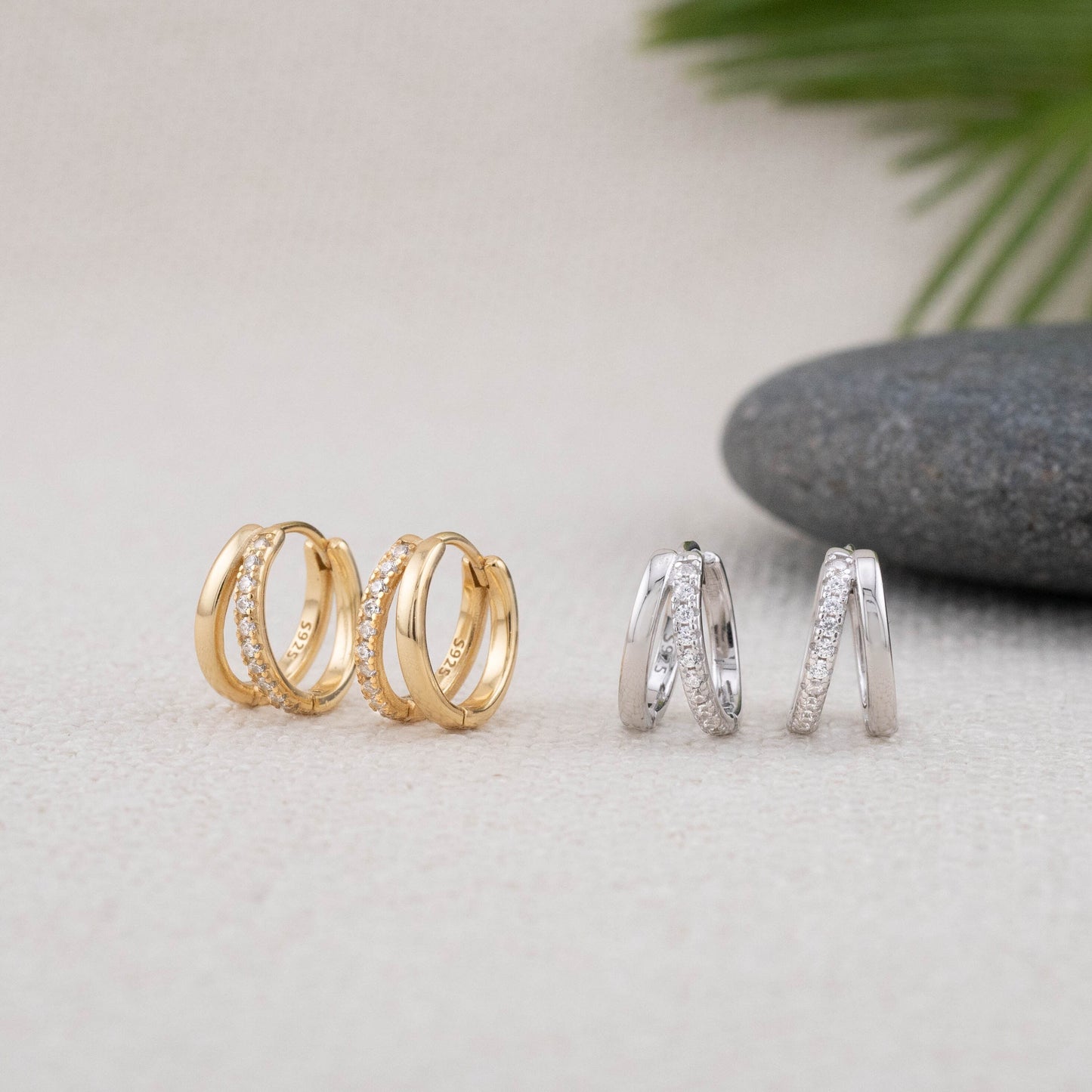 Pave dainty double huggie hoop earrings