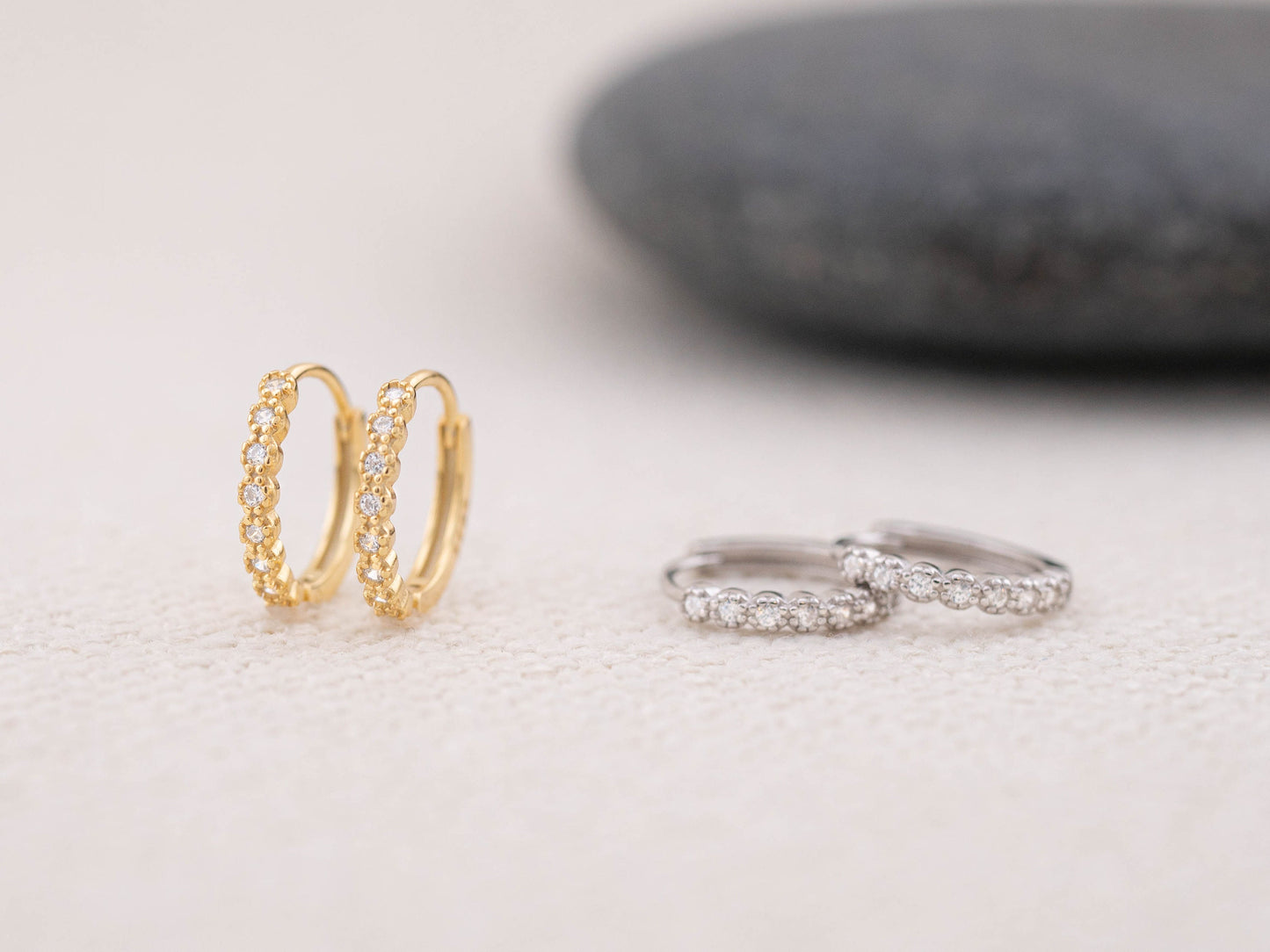 Gold huggy tiny diamond pave huggie hoop