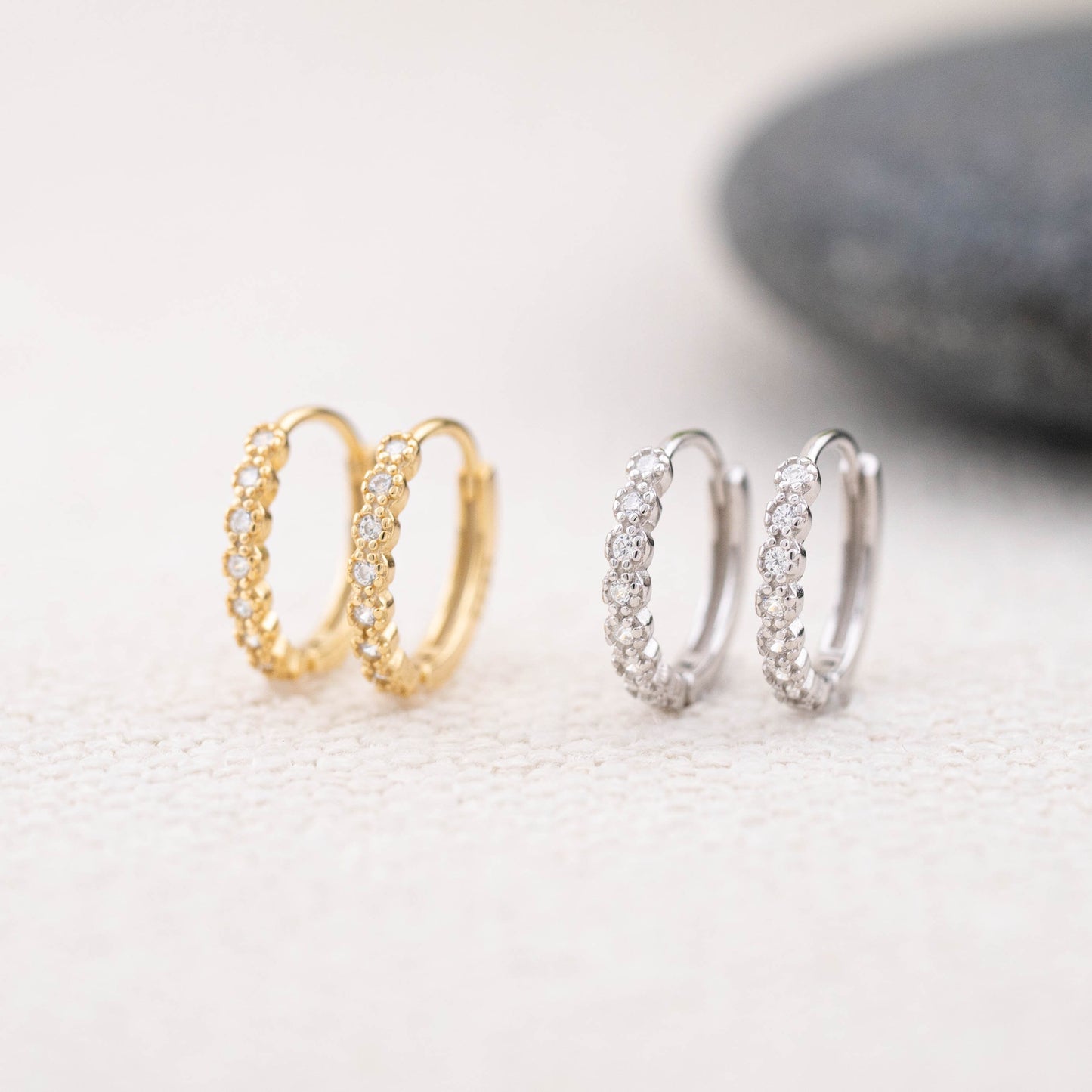 Gold huggy tiny diamond pave huggie hoop