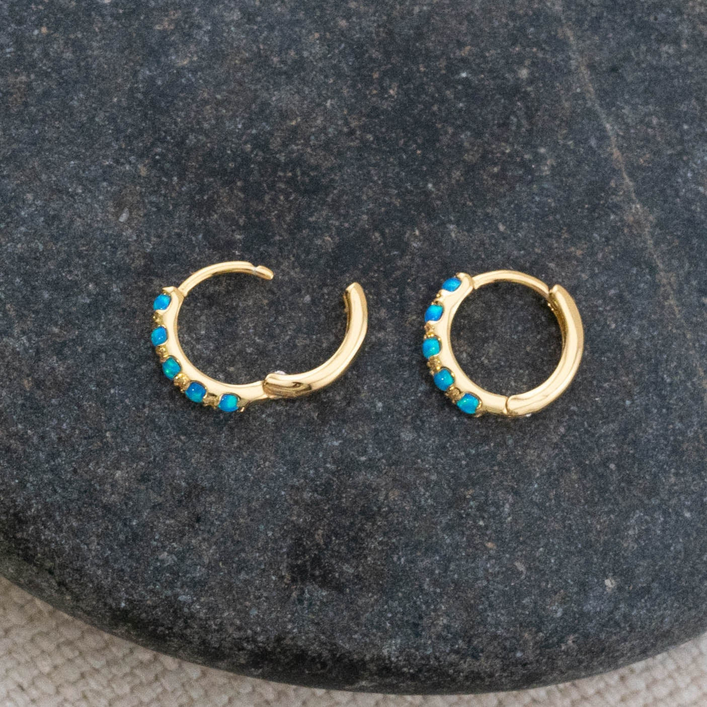 Dainty fire opal huggie hoops