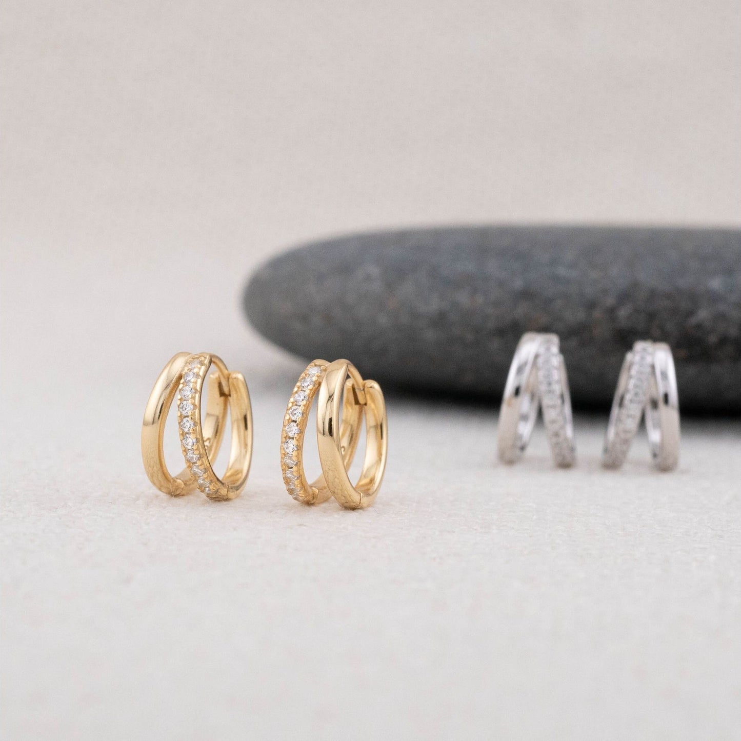 Pave dainty double huggie hoop earrings