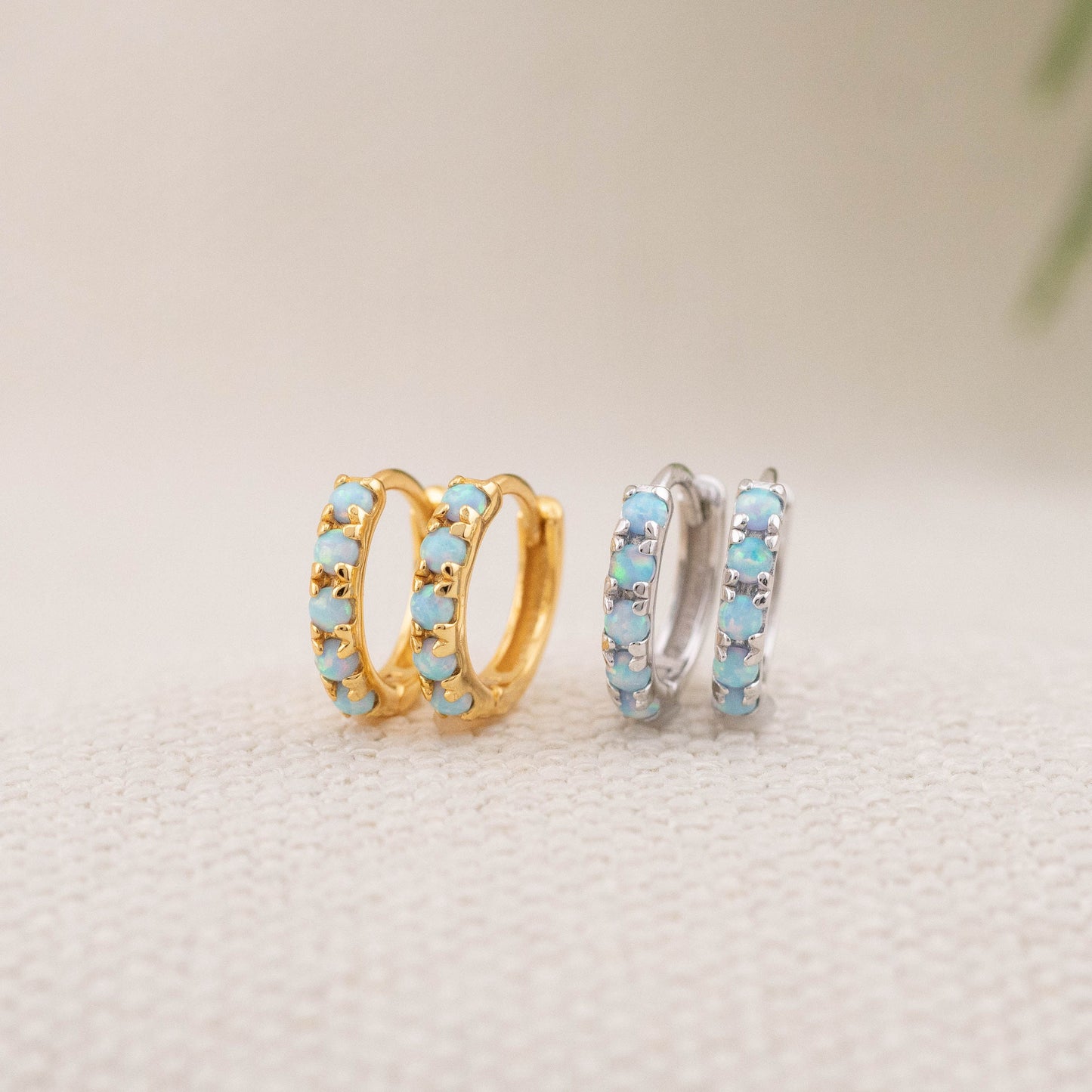 Dainty fire opal huggie hoops