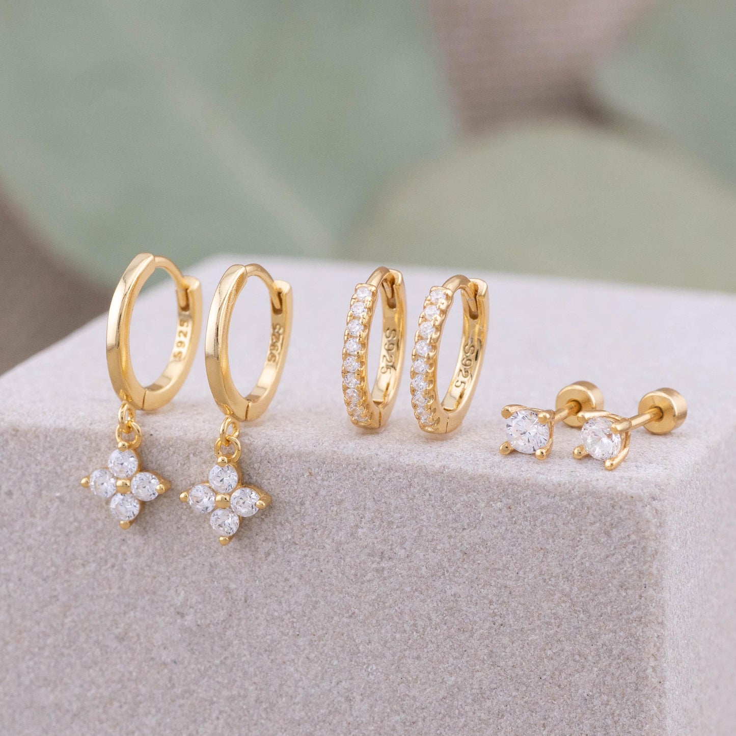 2 or 3 pairs dangle hoop, dainty diamond Huggie Hoop, flat back simple stud, small pave second hole earrings stack, flower charm gift set