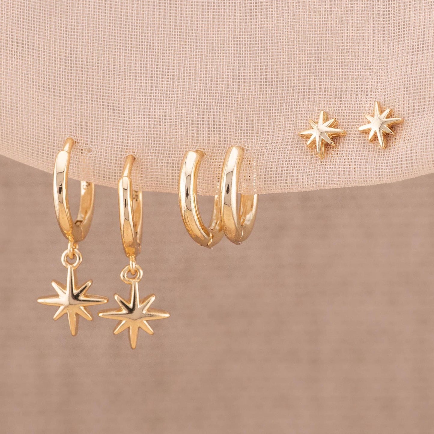 Celestial huggie hoop earrings set, small 14K gold filled huggie hoop stack, non tarnish cartilage earrings, star stud, matching-gift-set