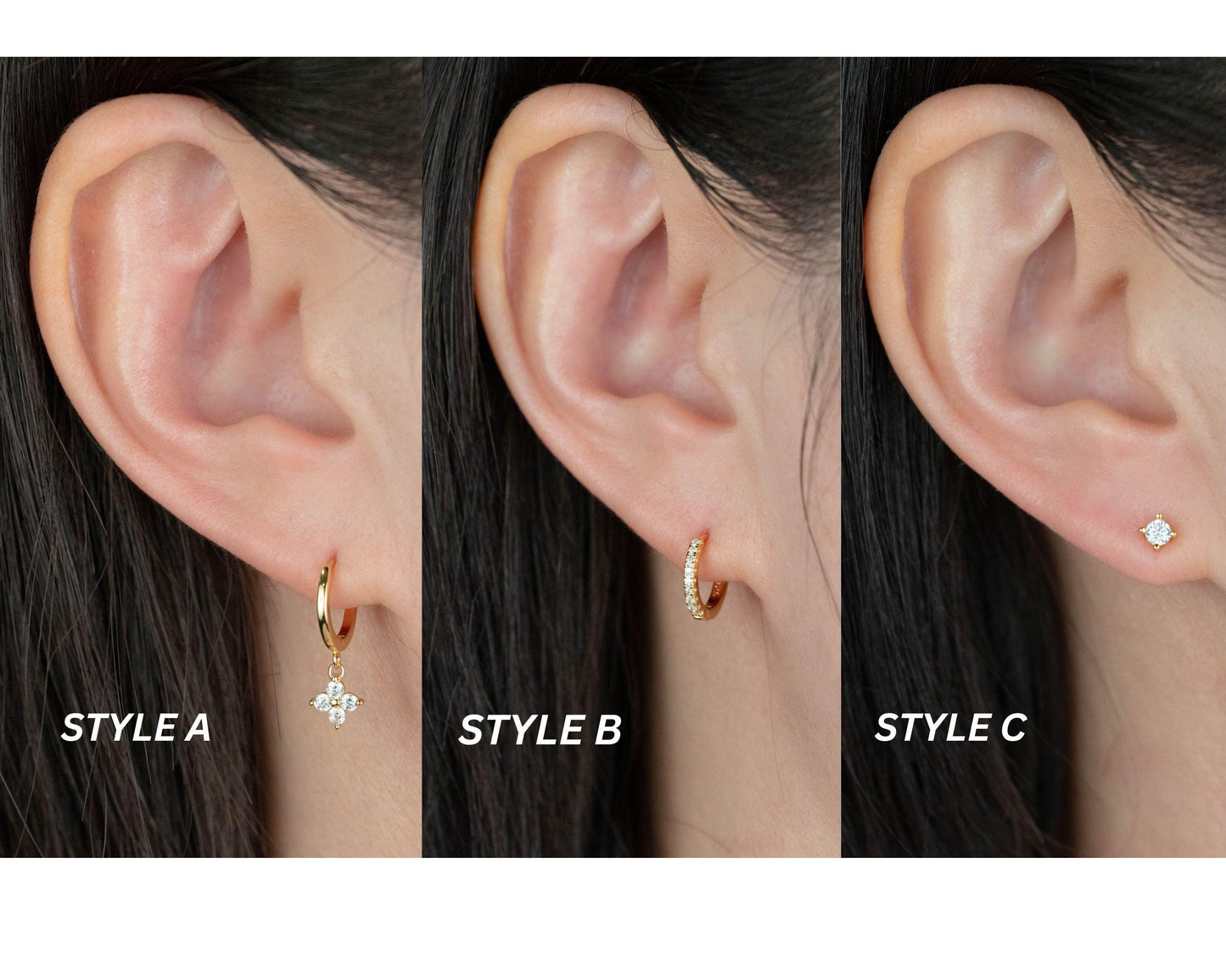 2 or 3 pairs dangle hoop, dainty diamond Huggie Hoop, flat back simple stud, small pave second hole earrings stack, flower charm gift set