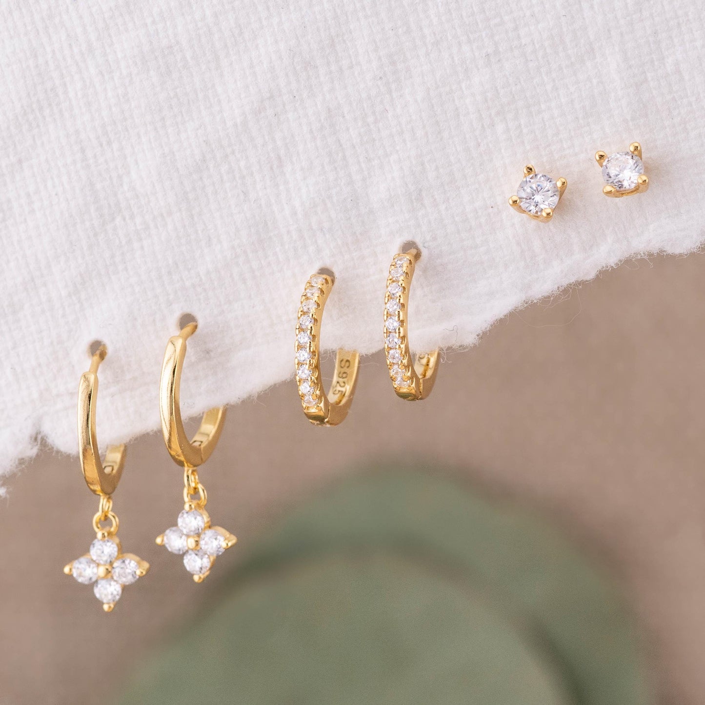 2 or 3 pairs dangle hoop, dainty diamond Huggie Hoop, flat back simple stud, small pave second hole earrings stack, flower charm gift set