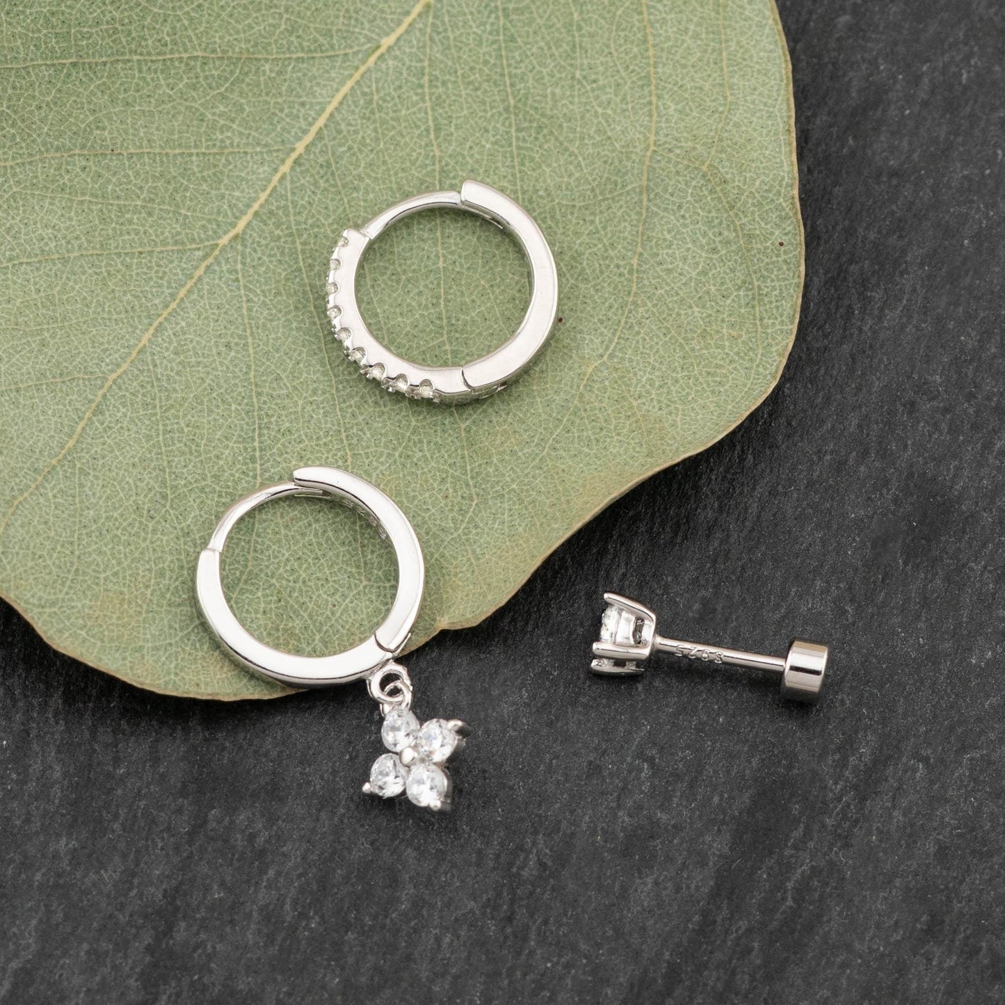 2 or 3 pairs dangle hoop, dainty diamond Huggie Hoop, flat back simple stud, small pave second hole earrings stack, flower charm gift set