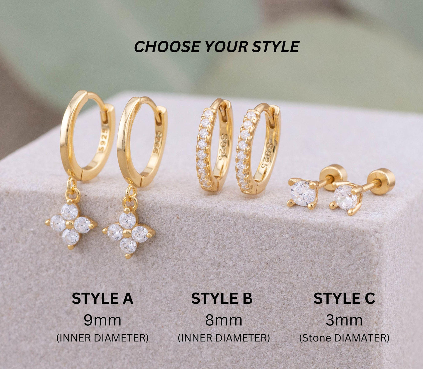 2 or 3 pairs dangle hoop, dainty diamond Huggie Hoop, flat back simple stud, small pave second hole earrings stack, flower charm gift set