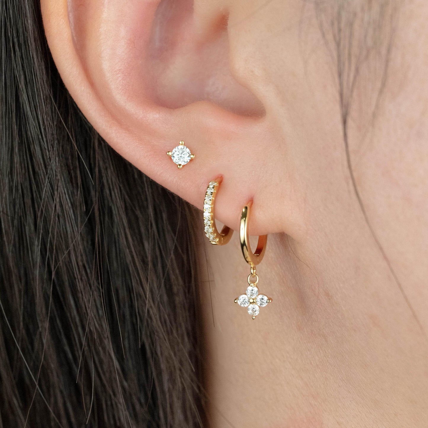 2 or 3 pairs dangle hoop, dainty diamond Huggie Hoop, flat back simple stud, small pave second hole earrings stack, flower charm gift set