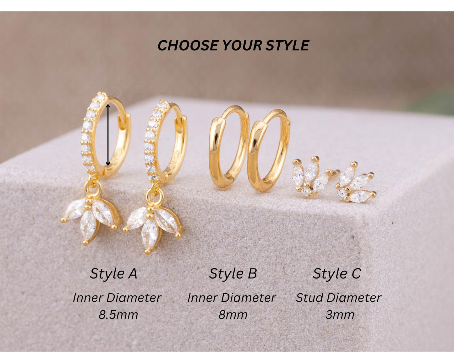 2 or 3 pairs marquise huggie earring stack set