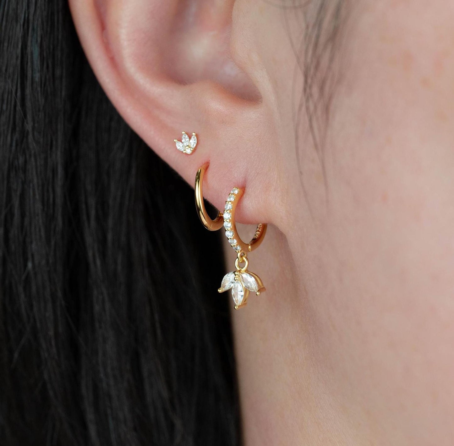 2 or 3 pairs marquise huggie earring stack set