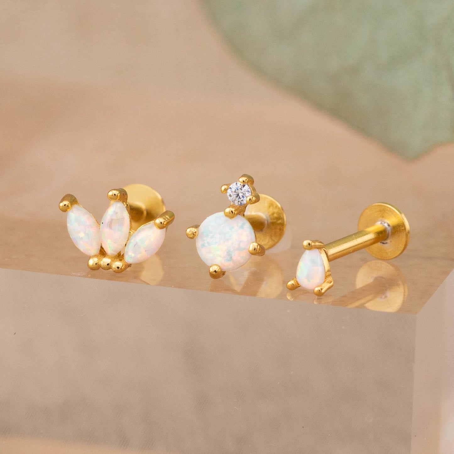 Tiny opal flatback earrings piercing set