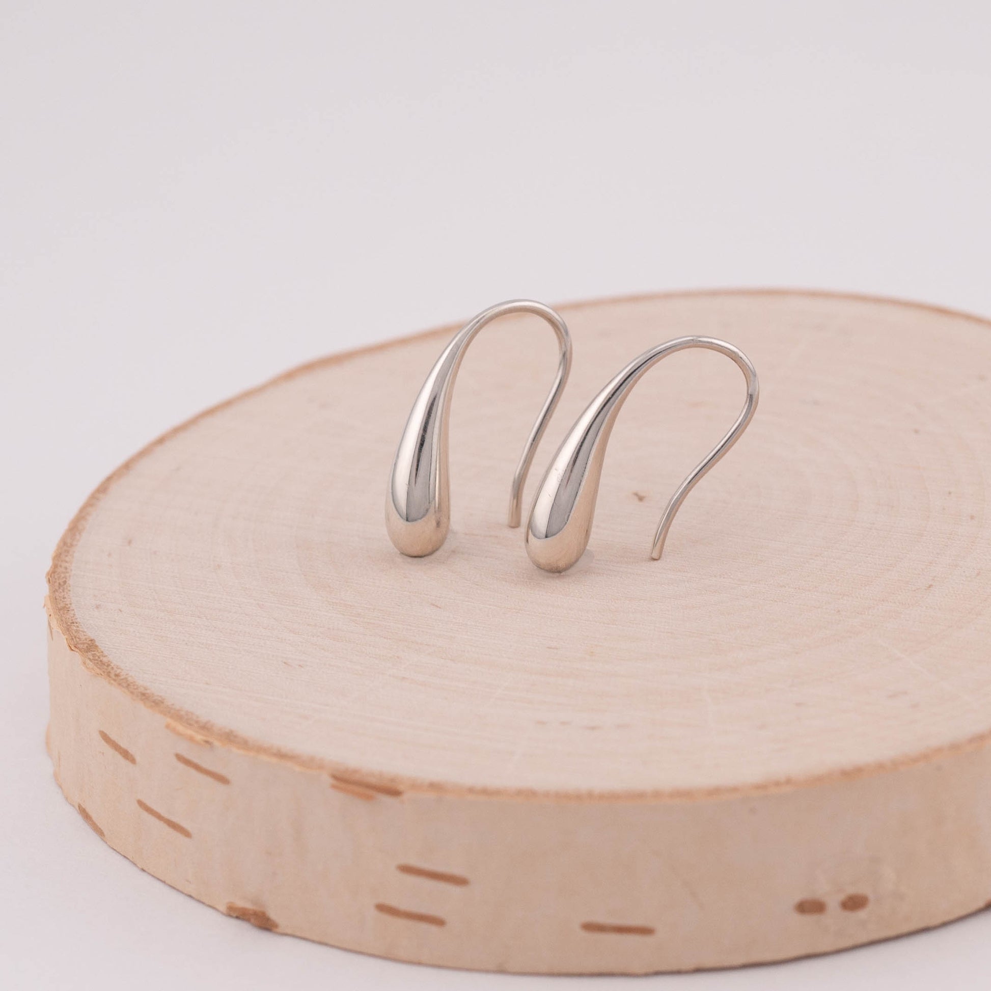 Front view of everyday sterling silver water drop earrings